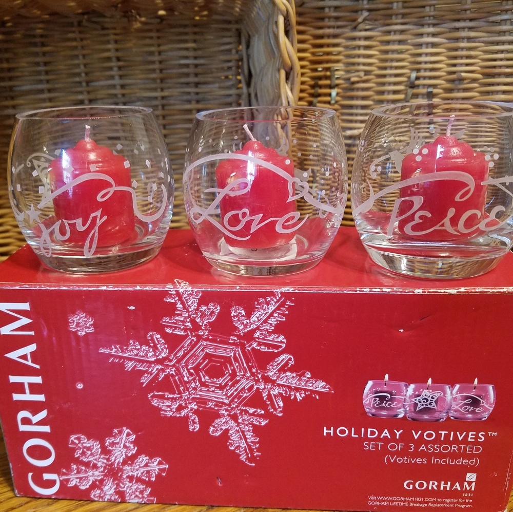 Gorham Set of 3 Holiday Votives New in Box Clear Red Candles